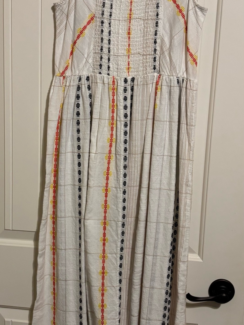 Caslon White Dress with Black and orange Stripe Accents
